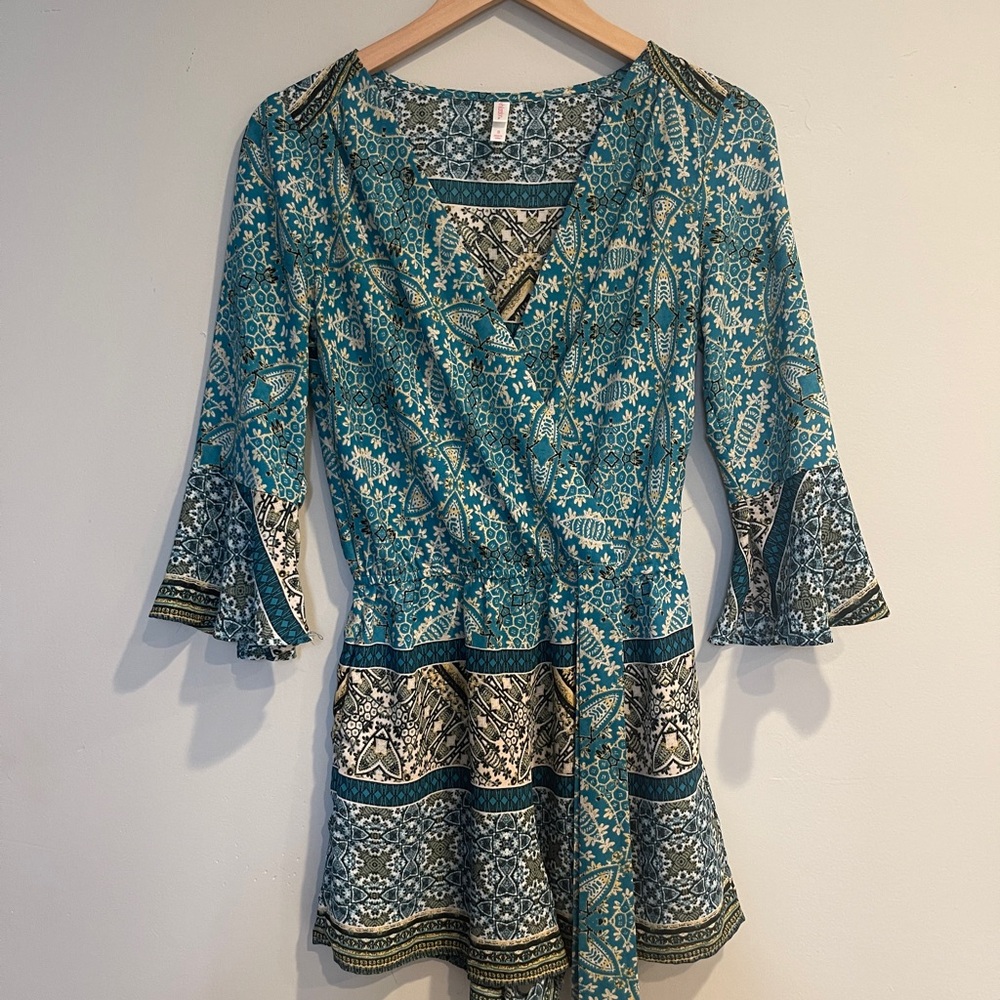 Xhilaration Teal and Cream Patterned Romper